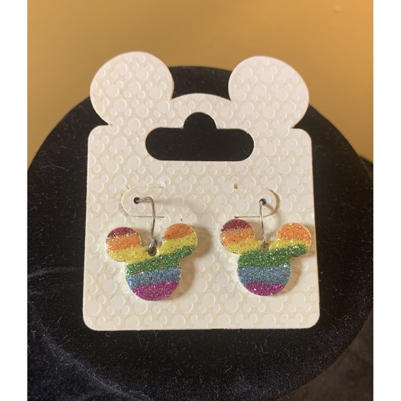 Disney Parks WDW Mickey Mouse Rainbow Striped Glittered Dangle Earrings - Picture 2 of 4